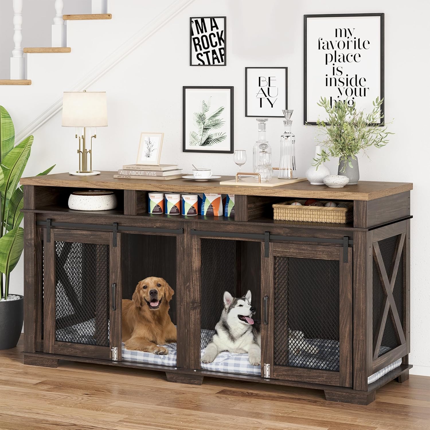 GarveeHome 65" Double Dog Crate with Drawers